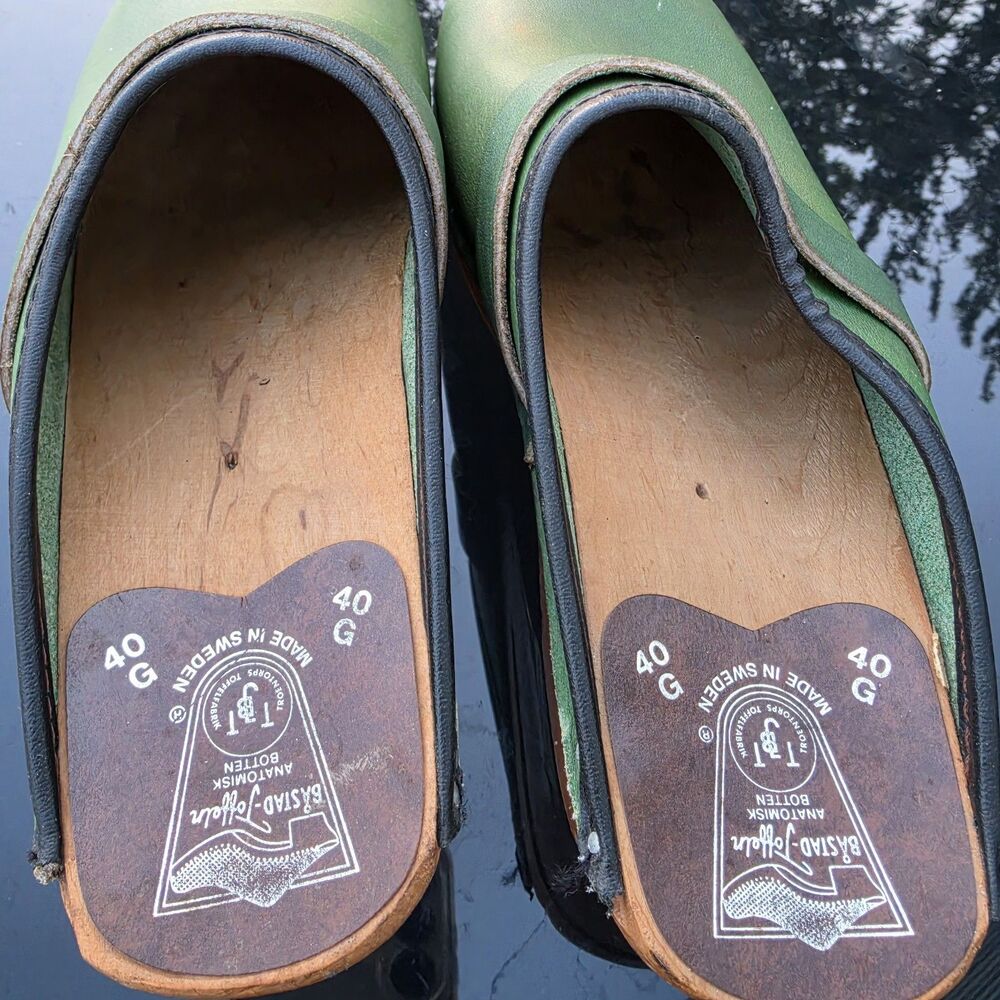 Swedish Bastad Toffeln Originals Green Leather and Wood Clogs Size 40 US 9 - Picture 8 of 10